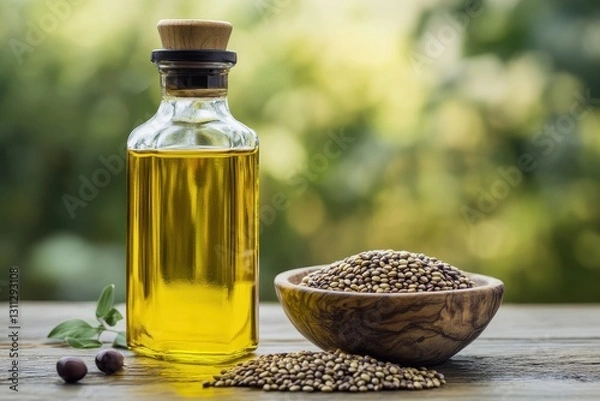 Fototapeta Discovering the richness of rapeseed oil and seeds on a rustic wooden table in a serene outdoor setting. Generative AI