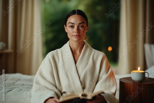 Fototapeta Relaxing atmosphere with woman reading in cozy robe, candlelight