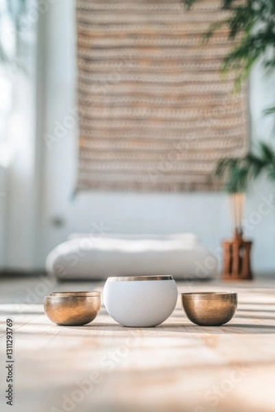 Fototapeta Minimalist scene featuring harmonious bowls and calming textures