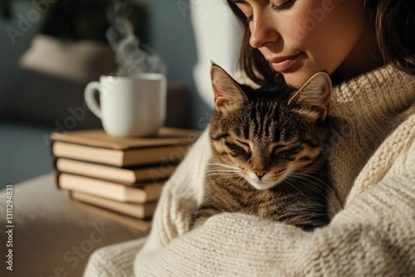 Fototapeta Warm embrace of cozy sweater, content cat resting, steaming cup