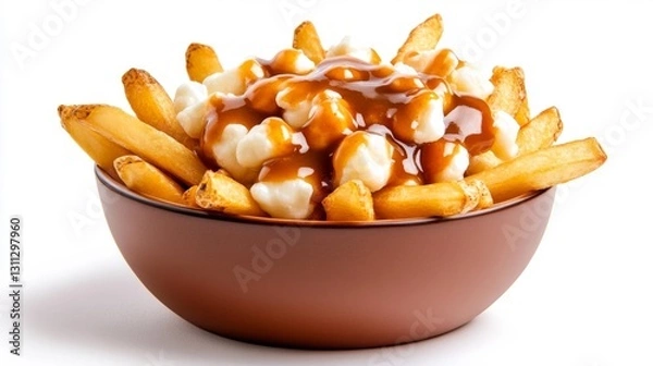 Fototapeta A Bowl of Poutine with Gravy Cheese Curds and Fries Isolated on White Background. Generative AI