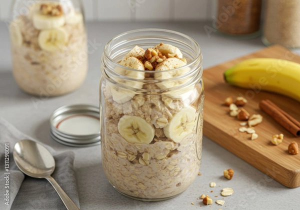 Fototapeta Delicious overnight oats with fresh bananas and chopped nuts in a glass mason jar.