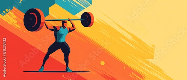 Obraz Dynamic Weightlifter in Flat Design Lifting Heavy Barbell with Strength and Focus Showcasing Power and Determination in a Minimalist Style for Fitness and Sports Enthusiasts