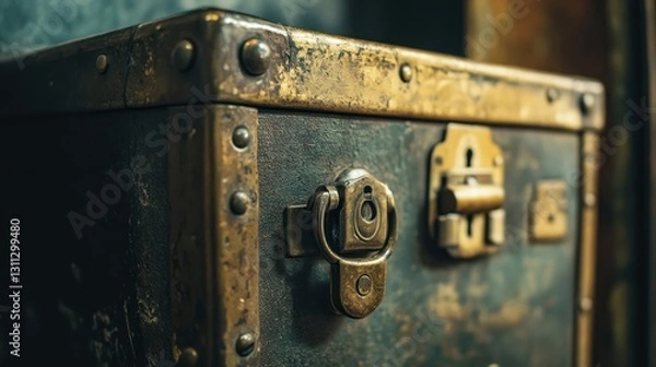 Fototapeta Close-up of antique metal-bound wooden chest with brass clasp and rivets.