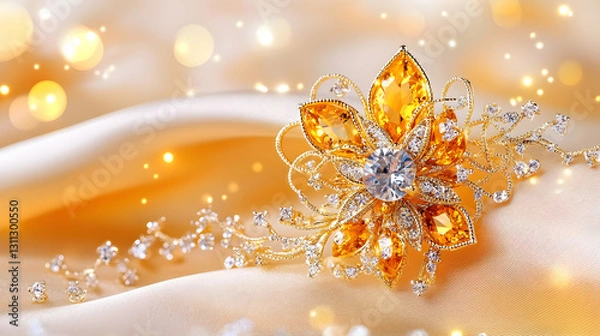Fototapeta Jeweled hairpiece shines on silk fabric with blurred light bokeh background