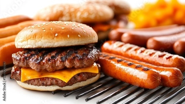 Fototapeta Barbecue grill with sizzling burgers and hot dogs on skewers over flames. Generative AI