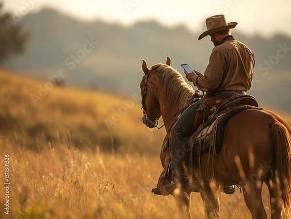 Obraz Cowboy on horse using smartphone in nature.