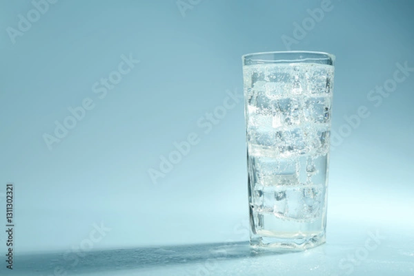Fototapeta Soda water with ice cubes in glass on light blue background, space for text