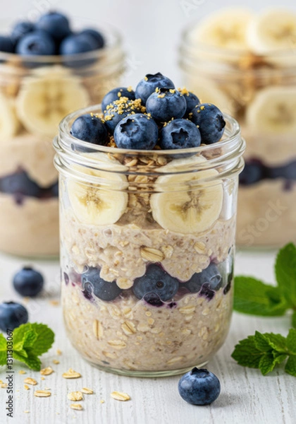 Fototapeta Delicious overnight oats layered with fresh blueberries and banana, ready to eat.