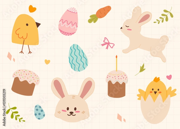 Fototapeta Cute Easter-themed set with a bunny, chicks, decorated eggs, festive cakes, and floral details. The pastel color palette and hand-drawn elements create a cheerful holiday mood on a light background. S
