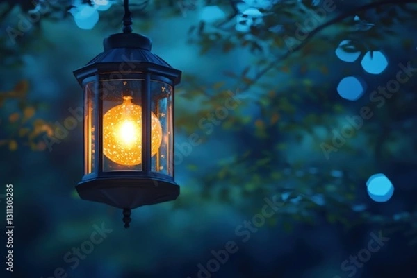 Fototapeta Illuminated Lantern Hanging in a Tranquil Forest During Twilight, Casting Warm Light Among Silhouetted Green Leaves and Soft Blue Background
