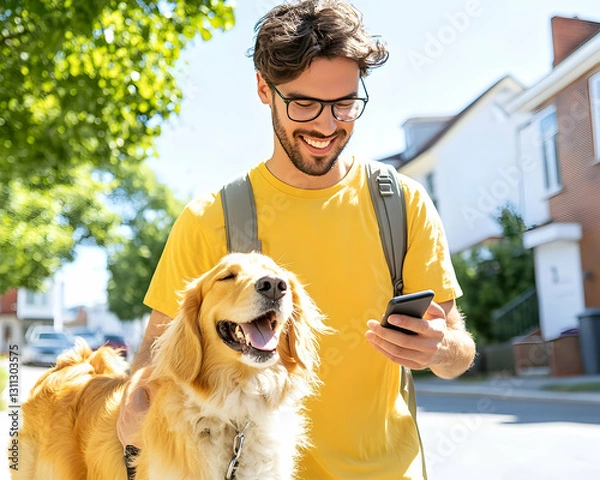 Obraz Man using phone while walking dog along residential street with trees in the background