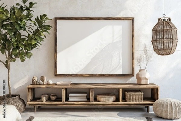 Fototapeta Empty framed poster on wooden media console in boho living room