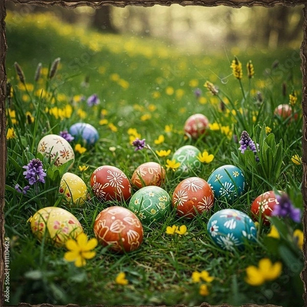 Fototapeta Vibrant Easter Egg Hunt: Colorful Hand-Painted Eggs in a Lush Spring Meadow with Wildflowers and Rustic Wooden Frame – Perfect for Holiday Decor and Festive Celebrations