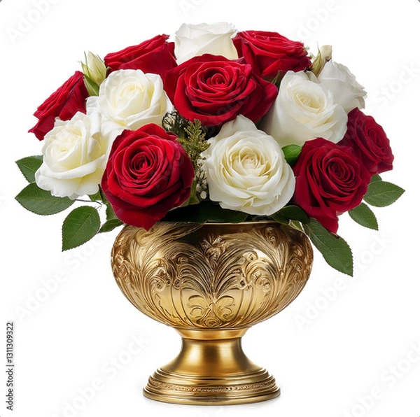 Fototapeta luxury gold-plated flower vase with an embossed floral design, filled with white and red roses,