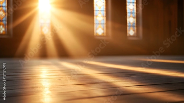 Fototapeta Sunlight pouring through stained glass windows illuminates the wooden floor, creating a warm and peaceful spiritual ambiance. Selective focus
