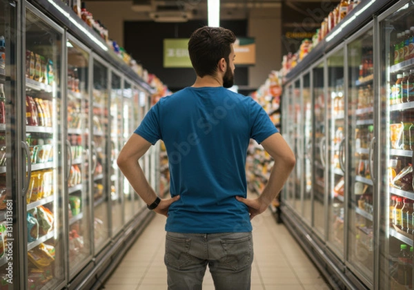 Fototapeta A man contemplates options in the refrigerated aisle of a grocery store.