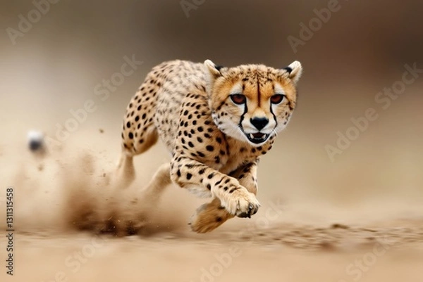 Fototapeta Cheetah running fast on dusty ground in the savannah