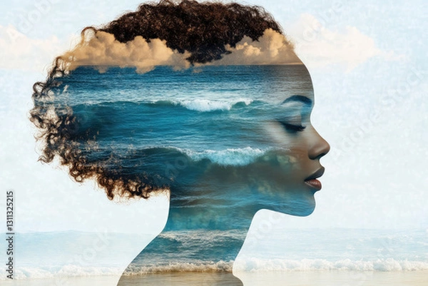 Fototapeta Artistic silhouette merging human profile with ocean waves and a tranquil cloudy sky in the background