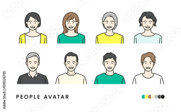 Obraz 笑顔の老若男女のシンプルなアバター素材イラストセット(カラフル)