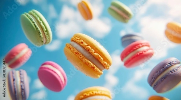 Fototapeta Colorful macaroons falling from the sky.