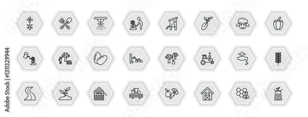 Fototapeta outline icons set - agriculture farming concept. vector icons included vane, sprinkler, chicken coop, self-sufficient and more.