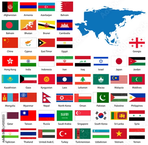 Obraz Detailed Asian flags and map