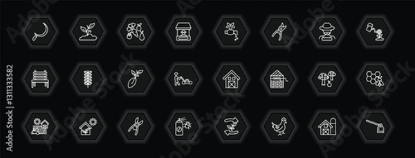 Fototapeta outline icons set - agriculture farming concept. vector icons included sickle, vegetables, irrigation, oat and more.