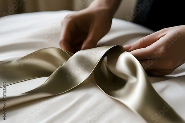 Fototapeta Elegant Hands Shaping a Luxurious Satin Ribbon, Soft Light and Subtle Folds
