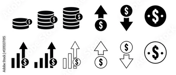 Fototapeta Dollar rate increase vector icon set, Dollar increase and decrease vector icons, Rise cost vector illustration. Business money cash increase signs set