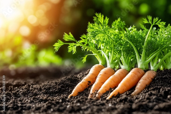 Fototapeta Neatly aligned carrot sprouts emerge from dark, fertile soil, bathed in gentle morning sunlight, embodying the essence of a nurturing garden and fresh beginnings