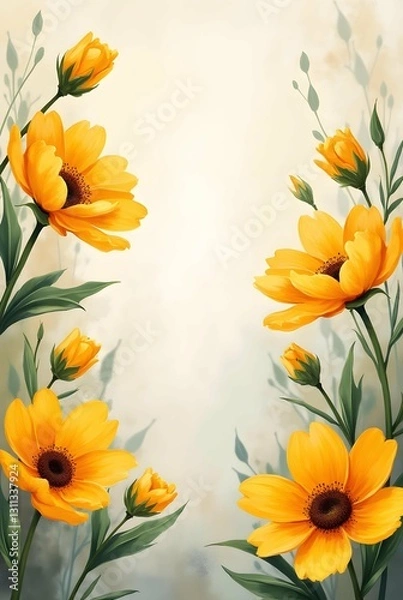 Fototapeta delicate floral border with bright yellow flowers and green vines on a soft, textured background, creating a serene and inviting frame