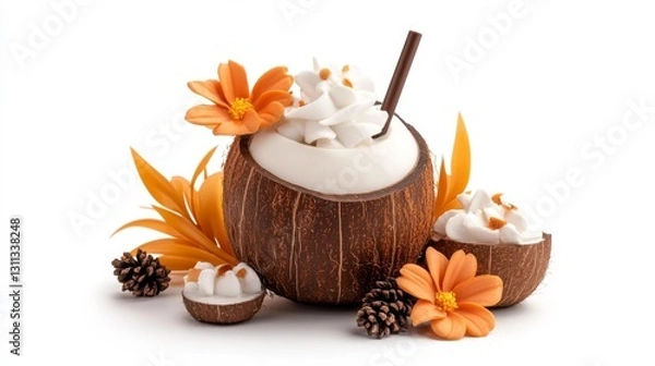 Fototapeta Coconut Drink with Whipped Cream Straw and Orange Flowers in Tropical Setting. Generative AI