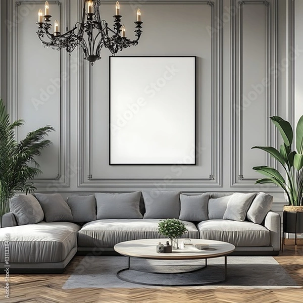 Fototapeta A large white blank poster frame on the wall of an elegant living room, in a mockup style, with a cozy interior design. A grey sofa and round coffee table with plants, wooden floorboards, 