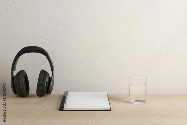 Obraz Minimalistic workspace featuring headphones, notebook, and glass