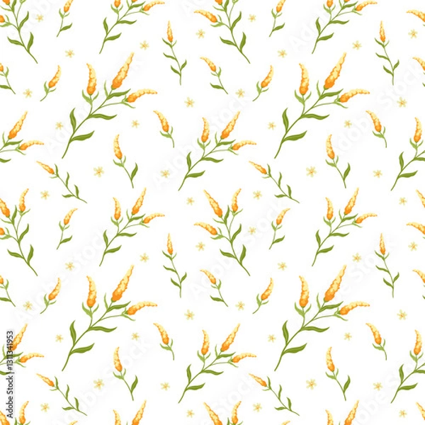 Fototapeta Seamless floral pattern featuring delicate meadow yellow mimosa flowers with green leaves on a white background. The botanical design is ideal for fabric printing, wallpaper, gift wrapping, and