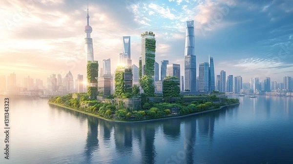 Obraz Urban Eco-Architecture with Green Buildings in Cityscape at Sunrise