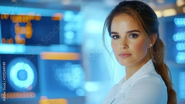 Fototapeta Woman Executive With Advanced Technology Screens