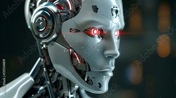 Fototapeta Futuristic robot with glowing red eyes and intricate design.