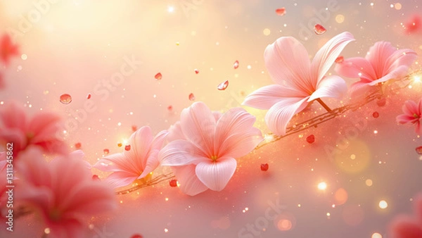 Obraz A delicate and transparent cherry blossom floats, surrounded by shimmering musical notes. The background is a pearlescent paper texture with a pink and white gradient, creating a soft and dreamy atmos