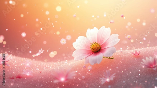 Fototapeta A delicate and transparent cherry blossom floats, surrounded by shimmering musical notes. The background is a pearlescent paper texture with a pink and white gradient, creating a soft and dreamy atmos