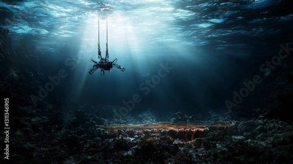 Fototapeta Remote-controlled robotic exploration in serene underwater landscape ocean depths digital art tranquil environment