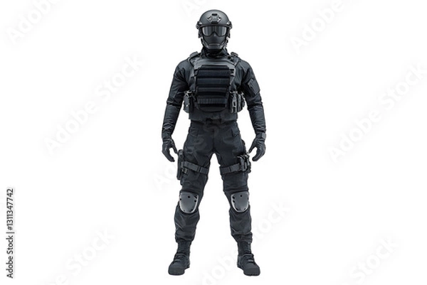 Fototapeta Swat outfit black isolated on cut out PNG or transparent background. Fully equipped swat soldier. Weapons and tactics. operative dressed in full tactical uniform including protective mask.