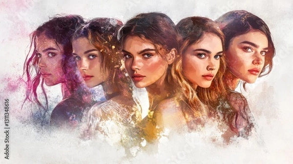 Fototapeta Five women, each with unique appearances and expressions