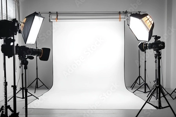 Fototapeta Professional studio setup with cameras and lighting. Ideal for product photography, showcasing items against a clean backdrop.