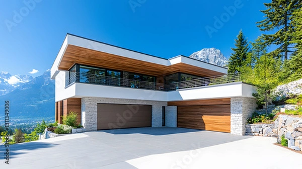 Fototapeta A modern house featuring a unique architectural design set against a scenic backdrop of mountains and greenery