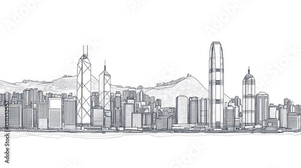 Fototapeta Hong Kong Skyline Architectural Line Drawing