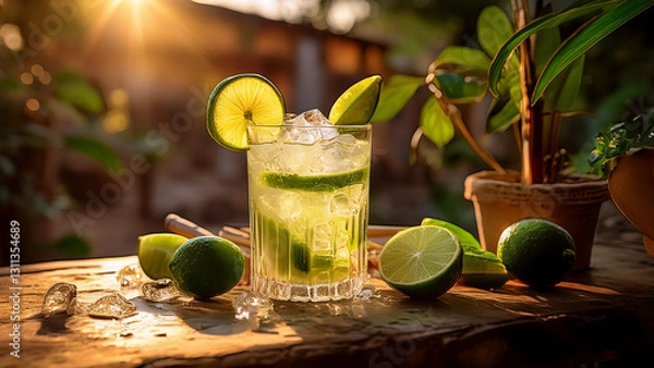 Fototapeta caipirinha cocktail, lime, drink, ice, bokeh, nightlife, relaxation, thirst, drawing, vignetting, alcoholic, crushed, ingredient, colourful, colours, juicy, menu, short, splash, tradition, froze