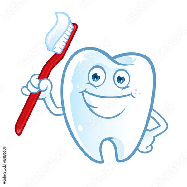 Obraz Sympatyczny ząb z szerokim uśmiechem, ma szczoteczkę do zębów