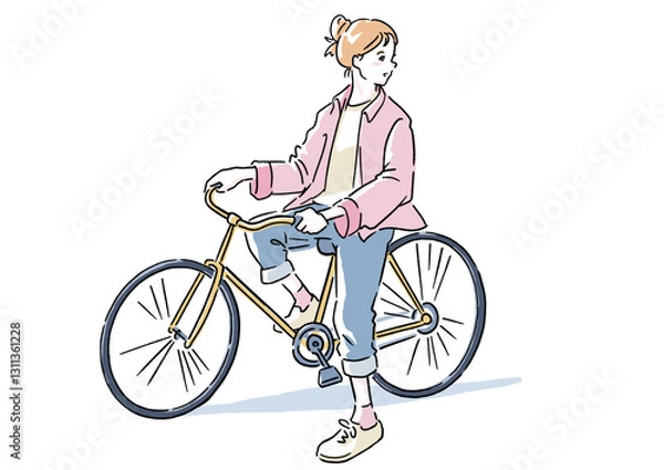 Obraz 自転車に乗るカジュアルな女性 – 健康的でおしゃれなライフスタイル